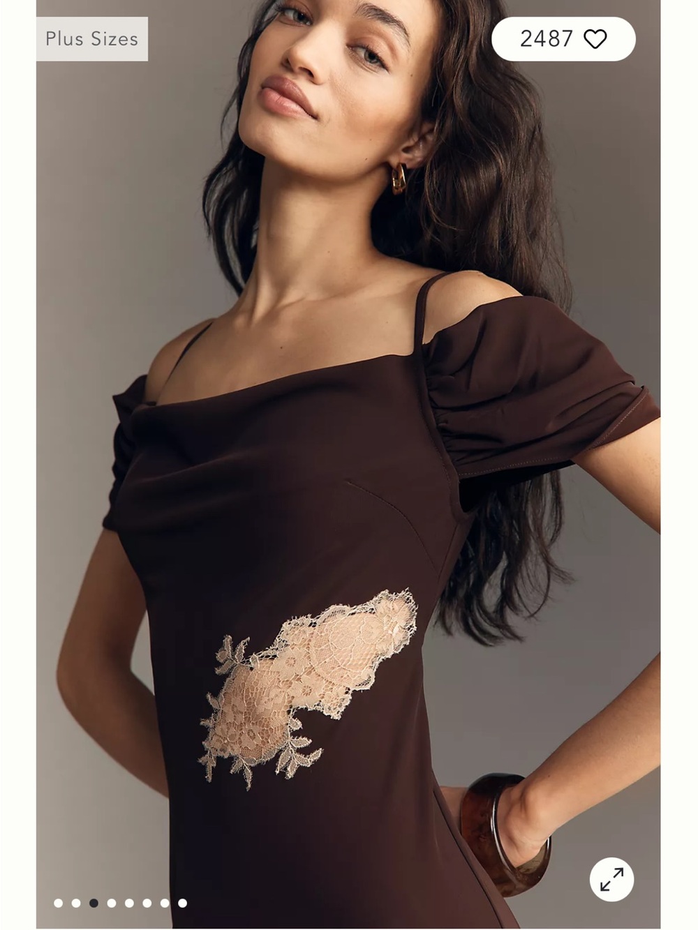 Anthropologie Bl-nk Satin Off-Shoulder Lace Midi Dress Small Reg Chocolate Brown - Picture 4 of 13